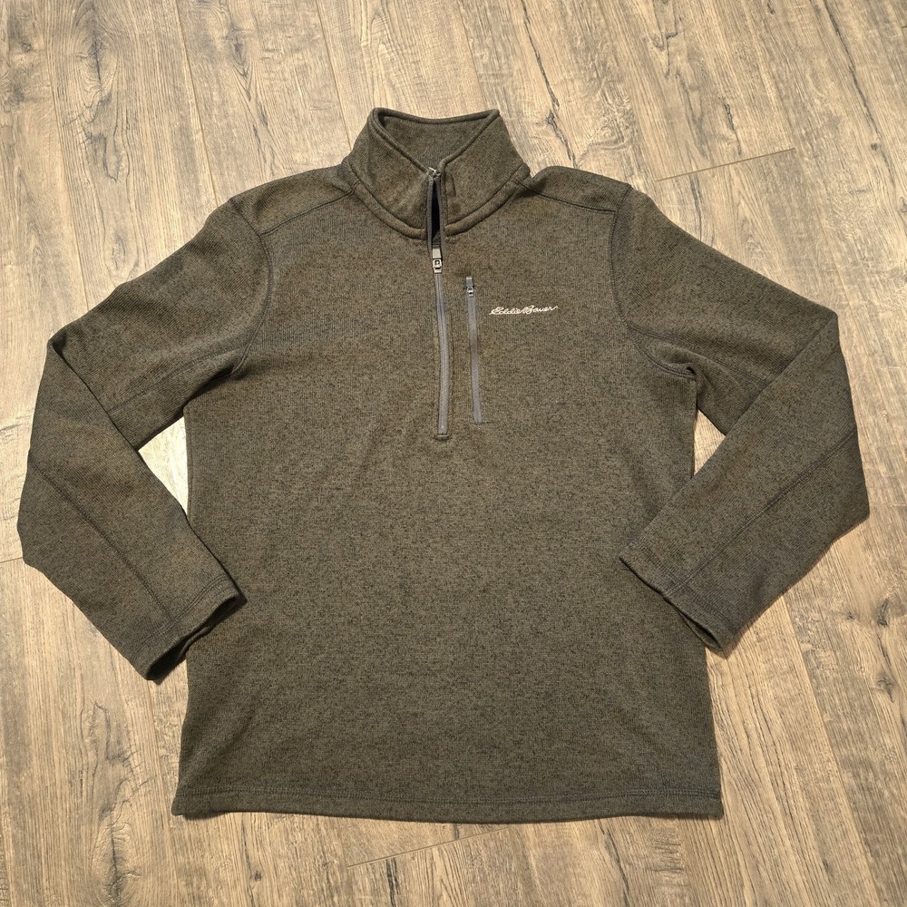 Eddie Bauer Sweater Mens M Green Warm Fleece Pullover Quarter Zip Mock Neck